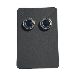 Silver Tone Earrings Deep Blue Gemstone Accents Retro Formal Party Core Gift